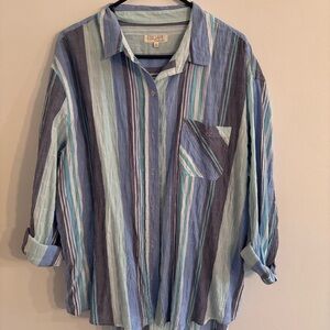 Escape by Habitat Women's Striped Button Down Shirt - Blue, Green and White